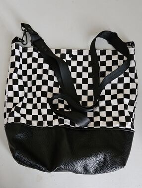Checkerboard Tote Bag with Black Faux Leather Trim